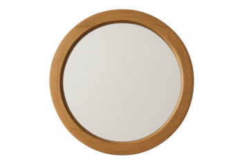 Round mirror with wooden frame on transparent background