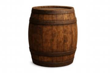 Wooden barrel with metal hoops, 3d rendered against transparent backdrop, representing traditional cooperage and beverage storage craftsmanship