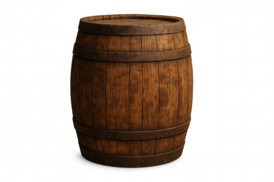 Wooden barrel with metal hoops, 3d rendered against transparent backdrop, representing traditional cooperage and beverage storage craftsmanship