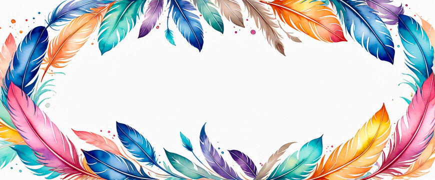 Watercolor feather frame with colorful feathers. Decorative vivid watercolor feathers border illustration. Decorative invitation design. Greeting card layout with feathers and blank message space. 