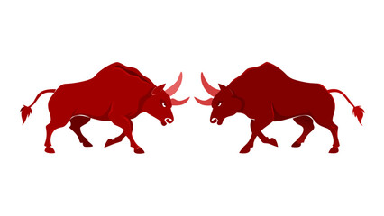 Two powerful red bulls facing each other in a confrontational stance ready to charge on a stark black background representing a fierce competition or aggressive market
