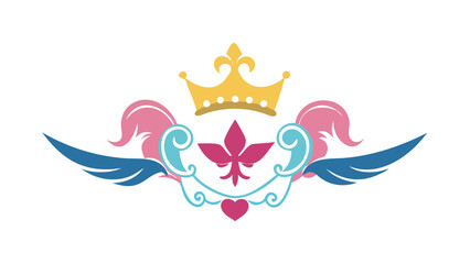 Elegant emblematic design featuring a golden crown pink feathers blue wings a pink fleur de lis and a heart on a black background © dada