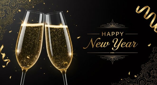 Two elegant champagne flutes clinking on a black background with golden new year text. New Year party celebration and festive greeting card design.