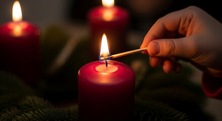 Closeup of a hand lighting a red advent candle with a match, with other advent candles and greenery blurred in the background, creating a warm and festive atmosphere during the holiday season