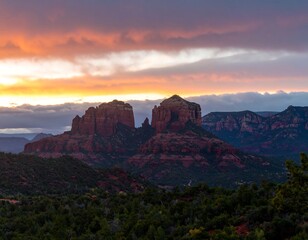 Dramatic sunset over red rock mountains