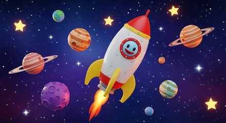 Naklejka premium Colorful Rocket Ship Taking Off into Space.