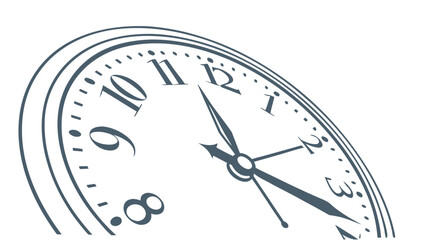 Close up view of a classic analog clock face with dark blue hands pointing to nearly ten oclock against a clean white background