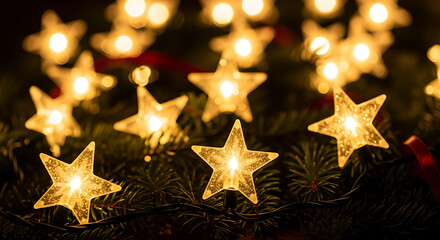 Glowing star-shaped Christmas lights illuminate festive green fir branches with a warm, inviting ambiance