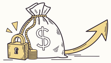 Secure financial growth illustrated by a locked money bag with a rising arrow and stacked coins symbolizing investment protection and increasing wealth