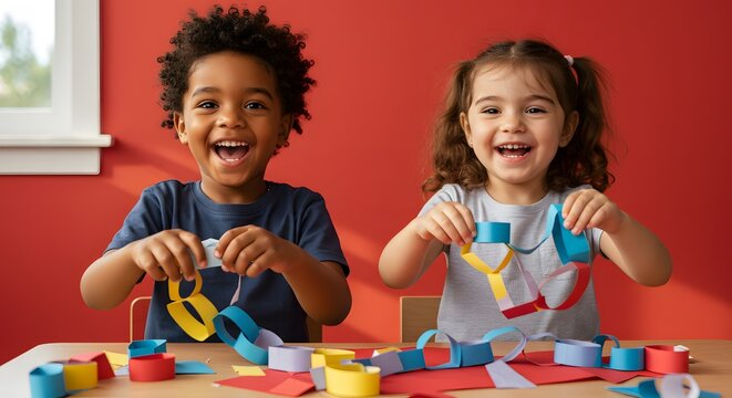 Two delighted children create a paper chain, enjoying a fun and creative craft.