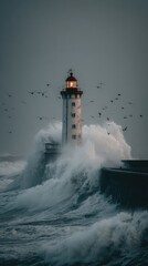 Stormy seas crash around a lighthouse
