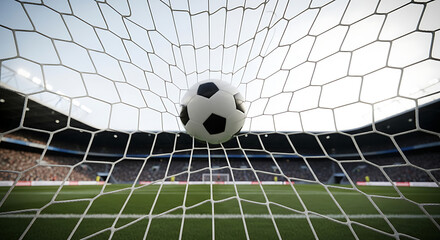 Classic black and white soccer ball about to enter a stadium goal net during a daytime match with blurred spectators cheering in the background
