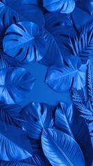 A vibrant blue background adorned with lush green leaves and diverse plants.