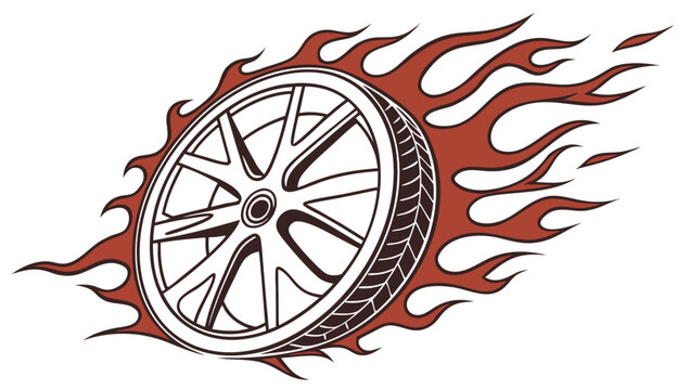 Stylized illustration of a car wheel with flames emanating from its side symbolizing speed and power
