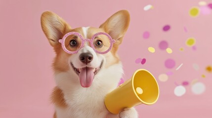 A cheerful corgi dog in sparkling pink glasses holds a yellow megaphone, surrounded by flying confetti. The image conveys happiness, playfulness, and festive celebration, perfect for event promotions 
