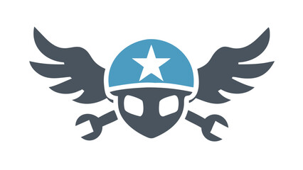 Stylized emblem featuring a winged helmet with a star and crossed wrenches against a black background