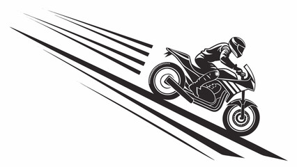 Dynamic black and white illustration of a motorcycle racer in full gear speeding forward with motion blur lines creating a sense of extreme velocity and action © dada
