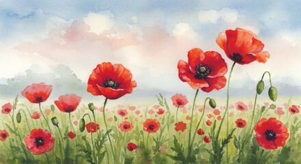 Obraz premium 水彩画風 赤いケシの花畑 柔らかな朝陽が輝く. AI Generated