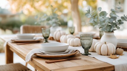 A rustic wooden dining table is decorated with white pumpkins, greenery, and minimalist dinnerware in a cozy autumn outdoor setting. The soft natural light enhances the festive yet simple design
