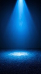 A soft blue light illuminates a dark, shadowy space.