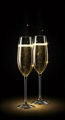 Two champagne glasses with sparkling golden liquid on a dark background. Celebration event with festive drink for greeting card.