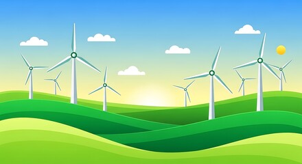 Fototapeta premium Wind turbines generating clean energy on green hills.