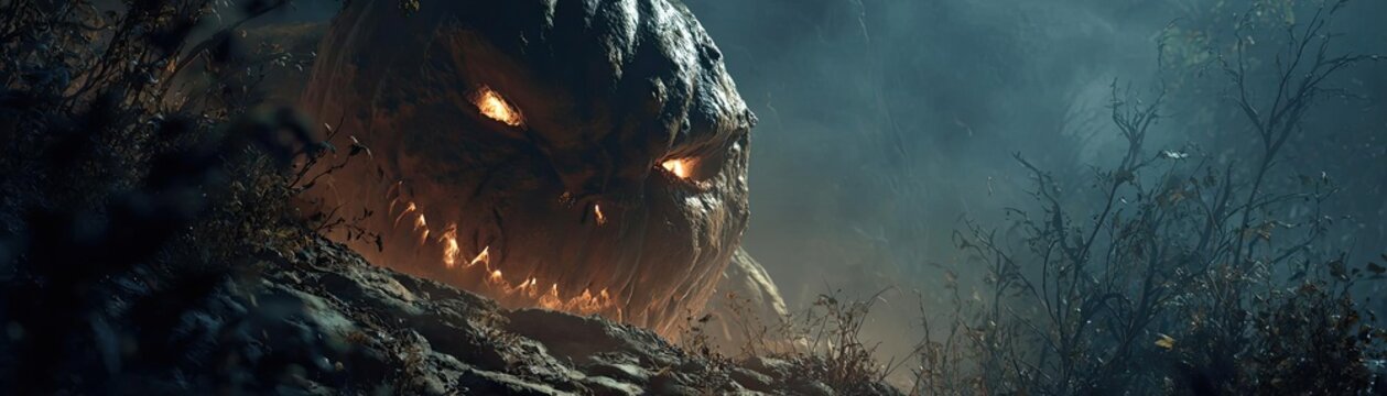 Pumpkin zombie rising from graveyard concept. Mysterious creature lurking in a dark, eerie forest setting.