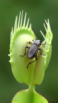 Vibrantly Green Venus Flytrap Close Up Captures Insect Inside Its Bristled Trap in Natural Habitat Representing Predatory Survival Adaptation and Biological Wonder. Fresh Botanical Details and
