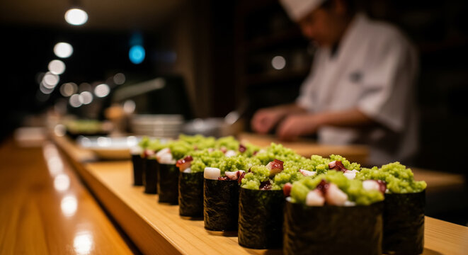 A Row of Tako Wasabi Gunkan Sushi on a Restaurant Counter