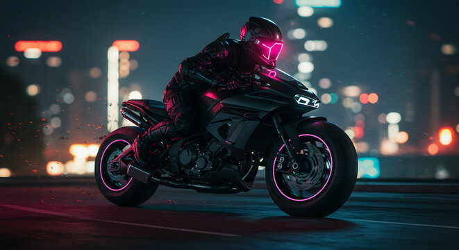 A motorcyclist in black gear and a glowing pink helmet rides a motorcycle on a city street at night, with blurred city lights in the background.