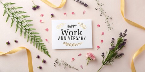 Elegant flat lay featuring a happy work anniversary card surrounded by delicate botanicals and golden ribbons