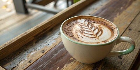 A beautifully crafted latte with intricate leaf art sits on a rustic wooden table inviting a moment of cozy enjoyment