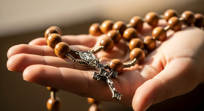 Close-up of a person's hand holding a wooden rosary with a crucifix pendant representing faith and prayer