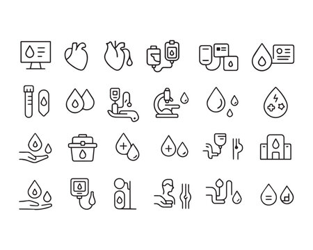 Set of outline icons related to blood. Linear icon collection