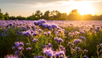 Naklejka premium Lavender field at dusk, bathed in the warm glow of the setting sun, a floral spectacle
