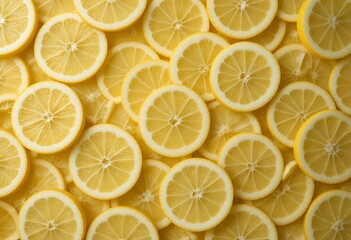Obraz premium Close up view of multiple fresh yellow lemon slices overlapping each other on a flat surface