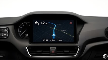 Car Dashboard with Digital GPS Overlay Showing Route, Traffic, and Turn Alerts
