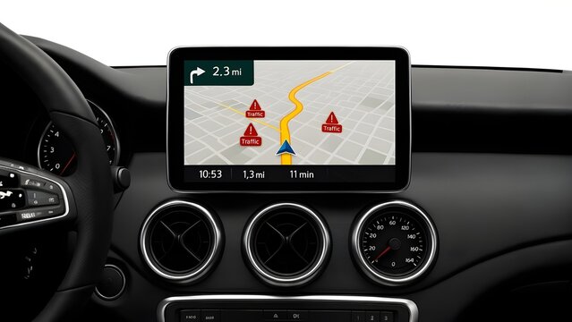 Car Dashboard with Digital GPS Overlay Showing Route, Traffic, and Turn Alerts
