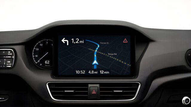Car Dashboard with Digital GPS Overlay Showing Route, Traffic, and Turn Alerts
 - Powered by Adobe