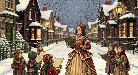 Obraz premium Woman leading children in Christmas caroling outdoors. Group singing traditional holiday songs. Vintage winter village scene.