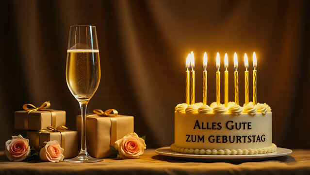 An elegant birthday greeting featuring a champagne glass, roses, wrapped gifts, and a luxurious cake adorned with gold candles inscribed with “Alles Gute zum Geburtstag.”