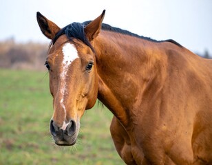 Obraz premium Chestnut Horse Portrait, Field, Autumn