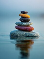 Colorful stones balanced on a rock, reflecting in water