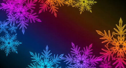 Colorful crystal snowflakes forming a border on a gradient dark background. Abstract winter holiday backdrop for christmas and new year design.