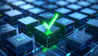 Digital interface with glowing checkmark on keyboard highlighting successful selection of tasks