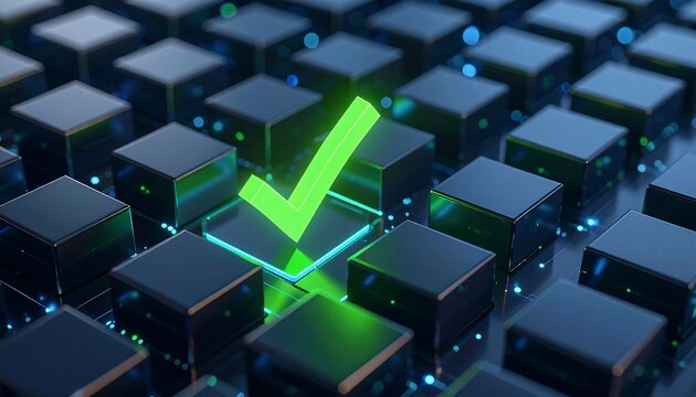 Bright green checkmark highlighting success on a digital keyboard at night to emphasize achievement in technology and innovation
