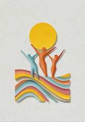 Three people dancing in the style of pop art collage, with rainbow stripes and a white background