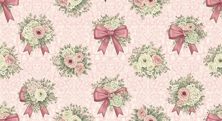 Floral pattern with roses and bows on a light pink background art