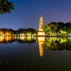 Pagoda reflected in tranquil lake at night