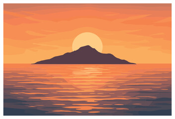 Fototapeta premium Island sunset vector: serene tropical dusk, peaceful coastal evening, tranquil ocean horizon